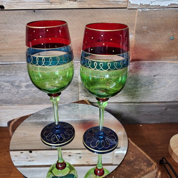 Vintage 90's Handpainted Crystal Christmas Bordeaux Wine Glasses - Pair - Picture 4 of 7